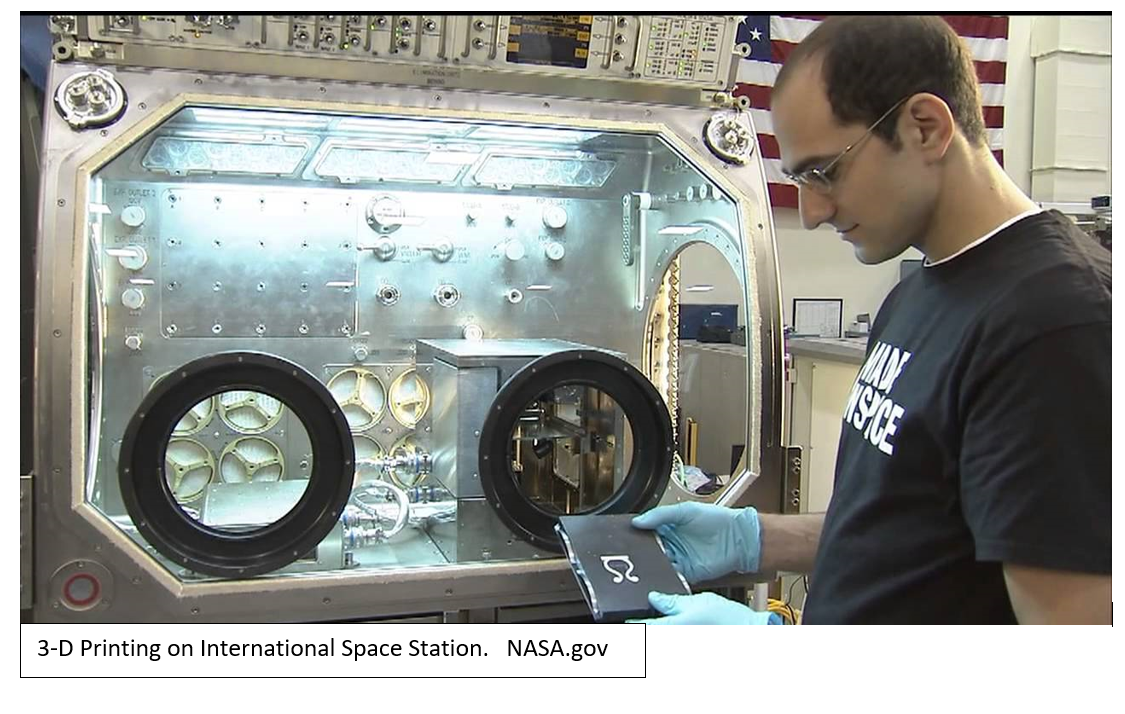 Image is of a 3-D Printer inside a glove box on the International Space Station with an astronaut attending.