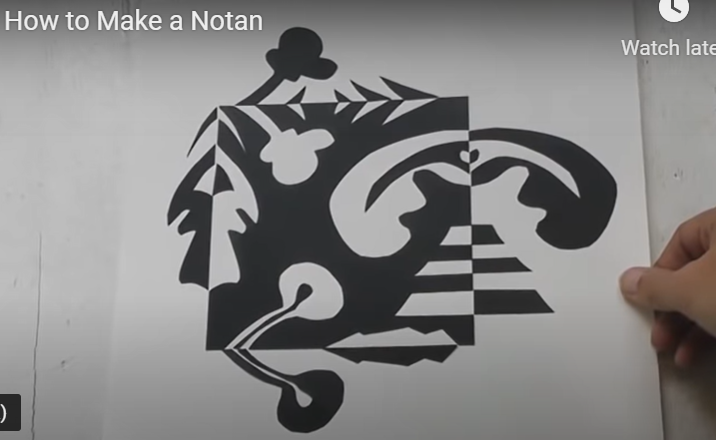 Images shows a screenshot of youtube video, practicing creation of a notan, that plays on light and dark elements