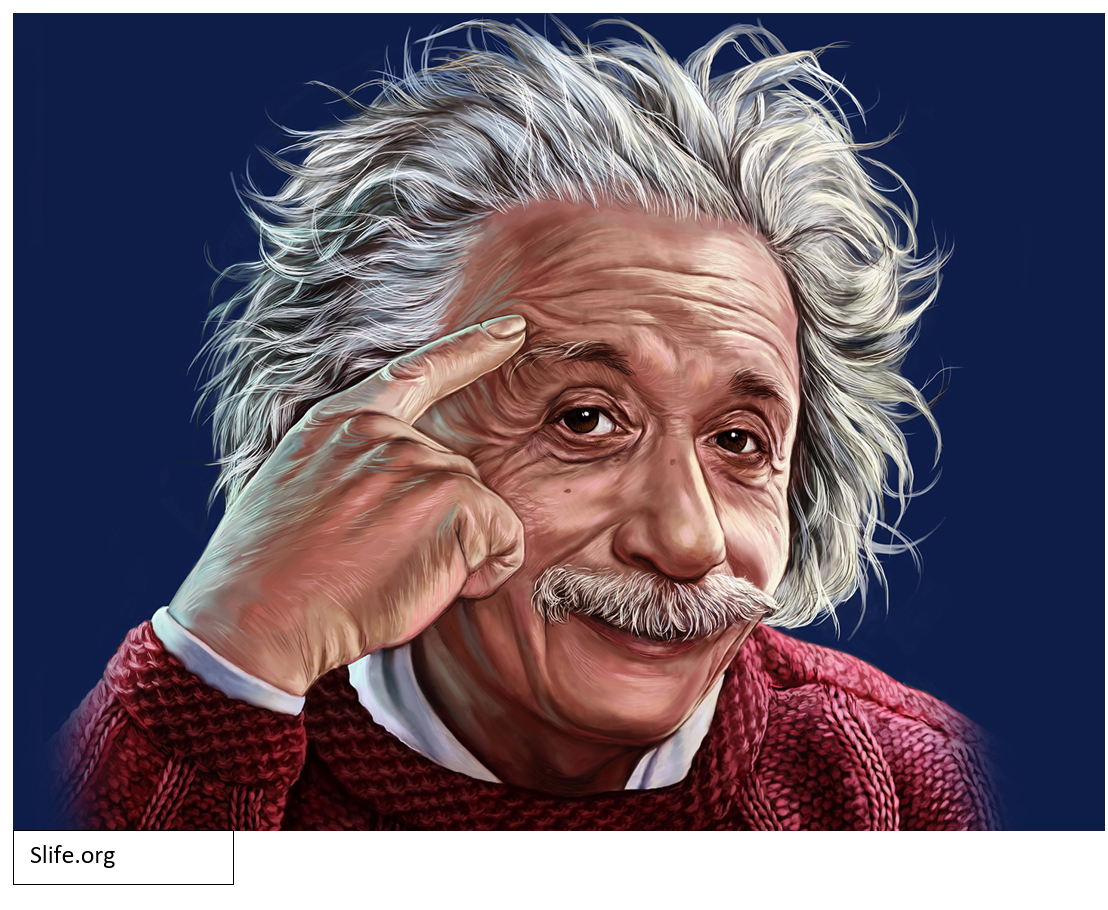 Drawing of Albert Einstein pointing to his head