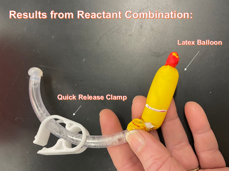 Diagram displaying the same constructed apparatus, after reactant combination has taken place, showing breadth of experiment.