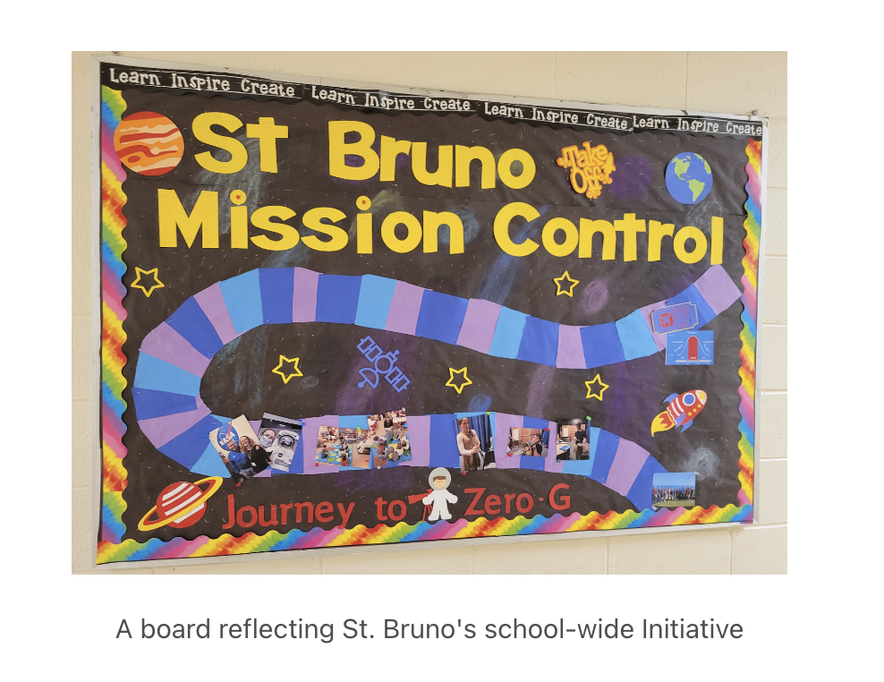 Colorful board with the words "St Bruno Mission Control" and space-themed images