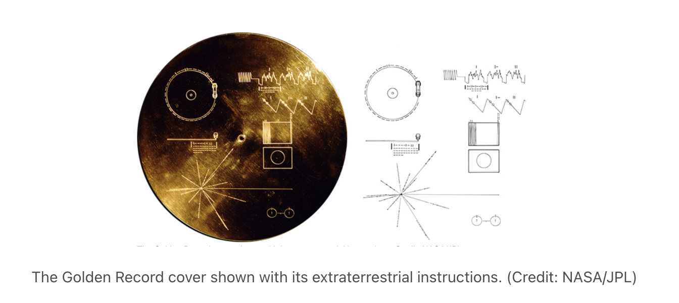 A golden record with various inscriptions 