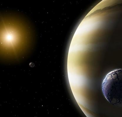 Image suggests an very large hazy exoplanet with an Earthlike planet, both orbiting a distant star.