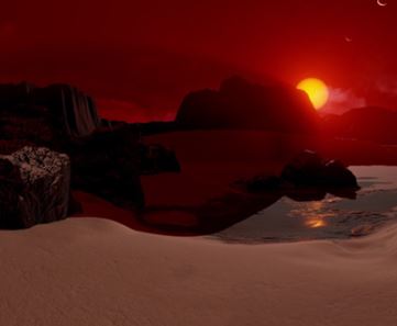 This is a dark image with a star far away from a terrestrial planet.  It looks very cold.