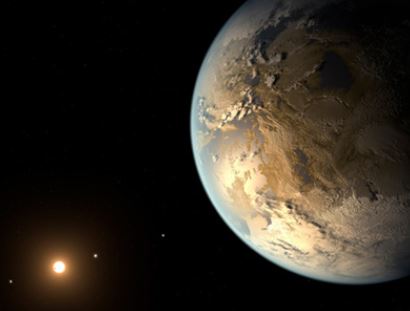 Image is of a solid world, similar to Earth with its star far off in the distance.