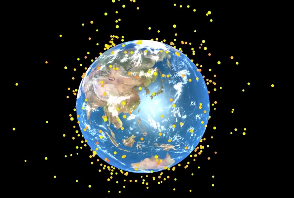 The image is from the embedded video showing space debris orbiting Earth.