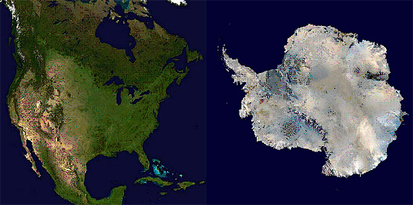 Model showing North America vs Antarctica on real world map, representing accurate size scales in comparison to each other. 