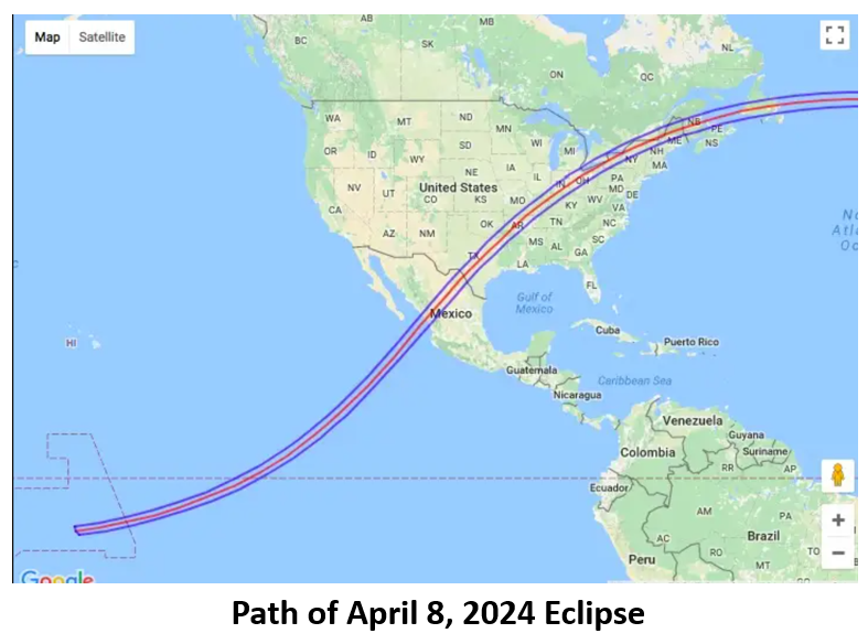 The solar eclipse path of 2024 across the US is portrayed.