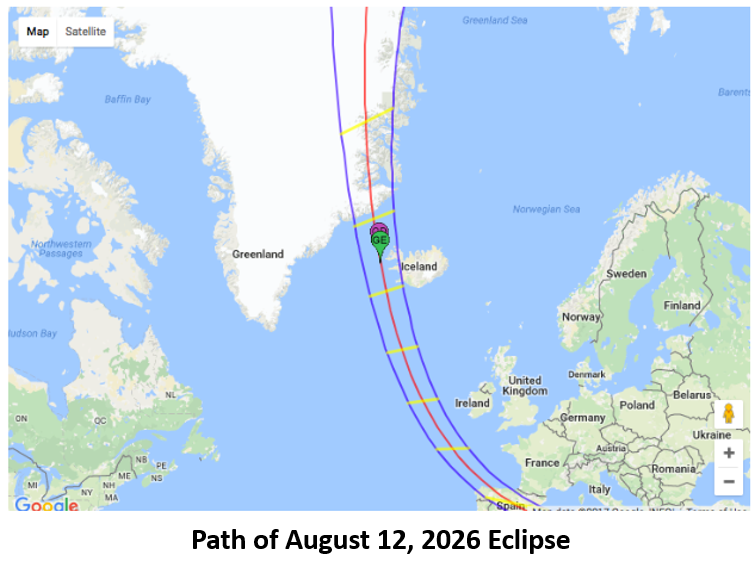 The total solar eclipse path of Aug 12, 2026 is portrayed