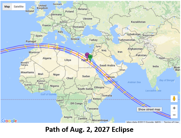 The Aug. 2, 2027 solar eclipse path across Africa is portrayed.