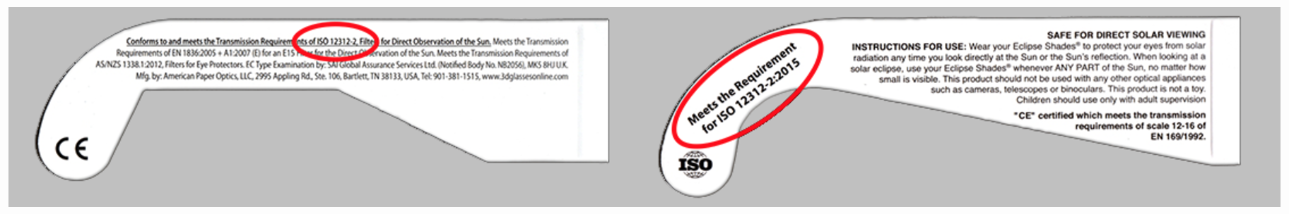 Screenshots of legal requirements for solar eclipse glasses, warning those who are looking to buy them to assure validity. 