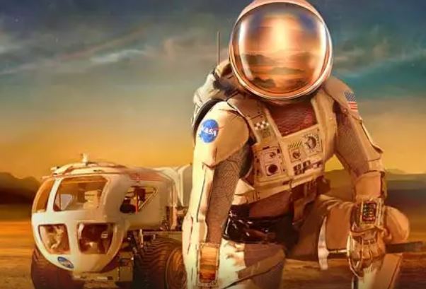 ISDC Image for marketing - no words - Astronaut kneeling with rover in the background.
