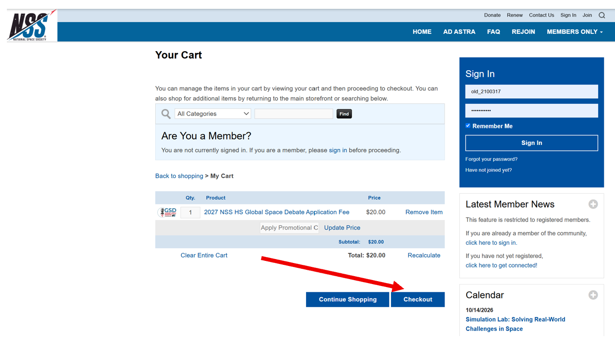 The image shows how to proceed with continue shopping or proceed with checkout for the GSD Debater Fee/s.