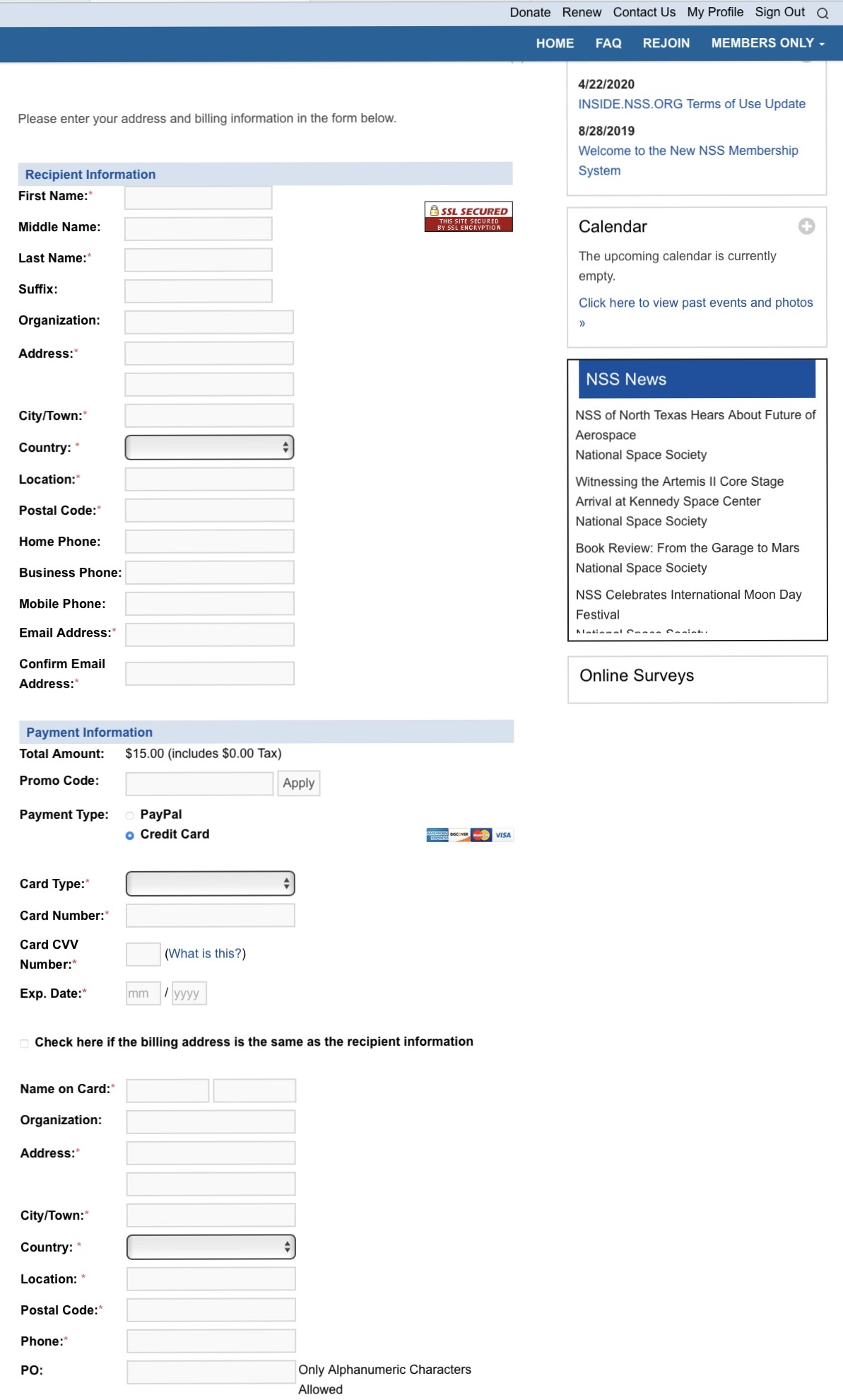 ThecCredit card information form is shown from the NSS Store.