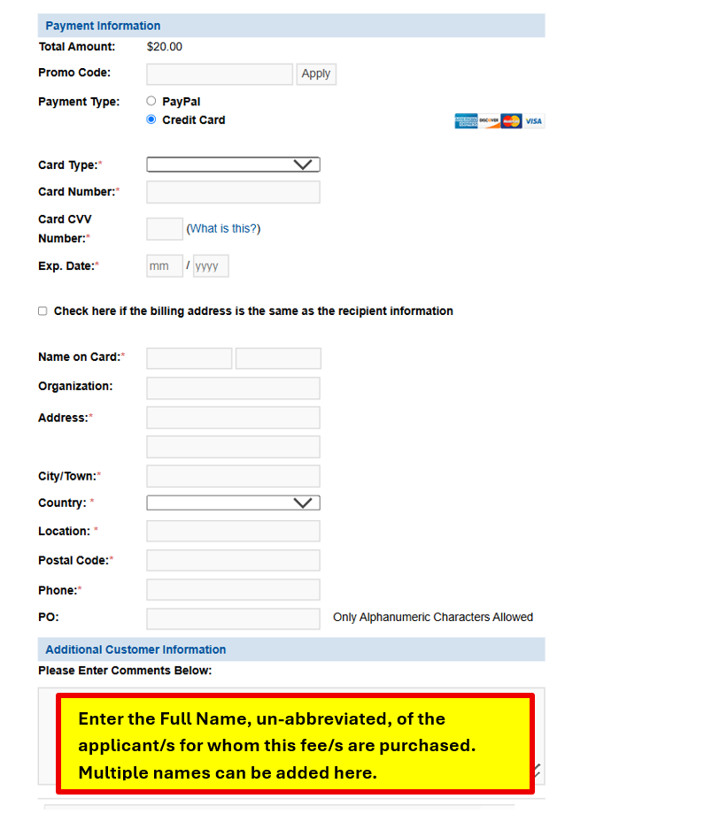 This image shows how to note for whom the fee/s are purchased.
