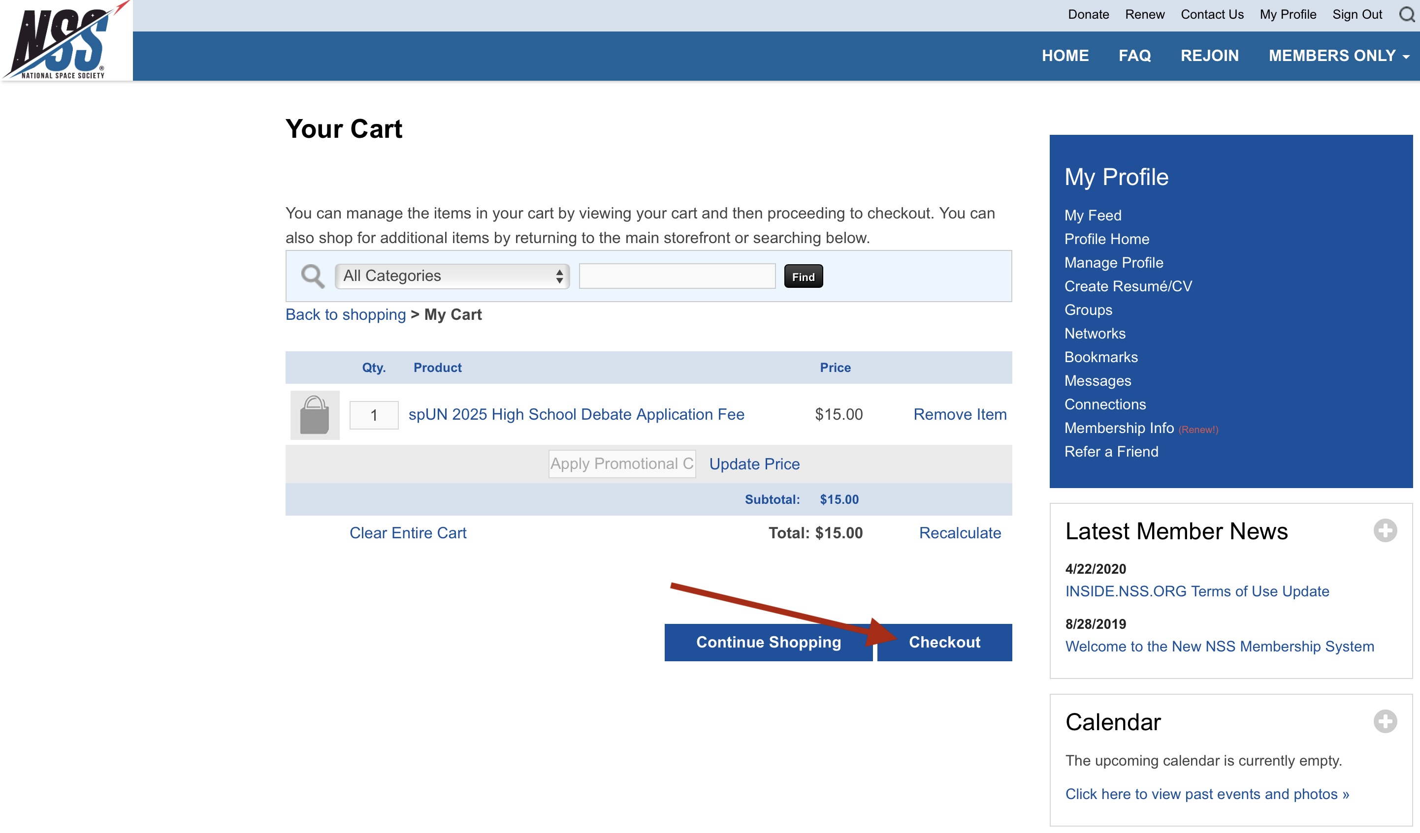 This image found in the NSS Store notes the number of fees selected and gives you the option to continue shopping/checkout.