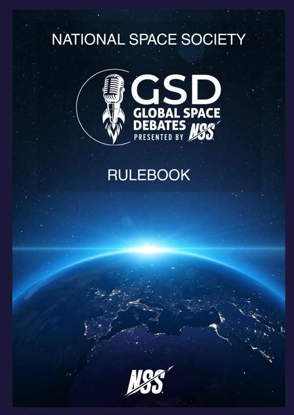 Cover to the GSD Rulebook - NSS Global Space Debates with the Earth and atmosphere and sun just coming over the edge of Earth
