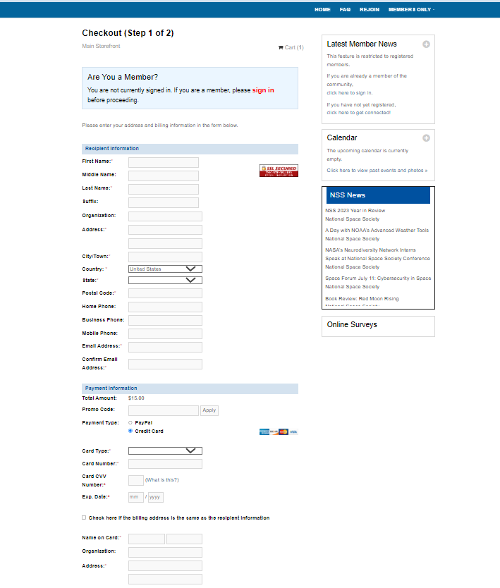 ThecCredit card information form is shown from the NSS Store.