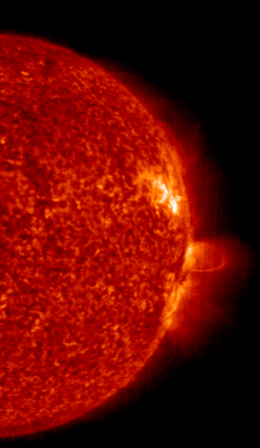 A solar flare photographed from SOHO from NASA.