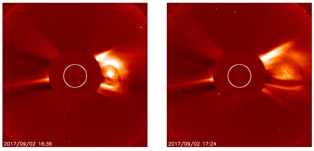 2 SOHO Images taken of  sun's flare on 217/09/02 show its progression. Sun is hidden behind a disk so only the flare is seen.