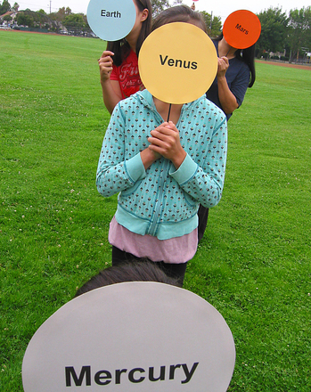 Children holding laminated circles representing the planets